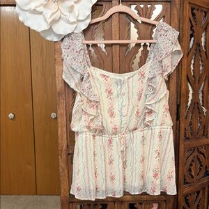 Cream Floral Ruffle Peplum Blouse with Pink & Blue Accents